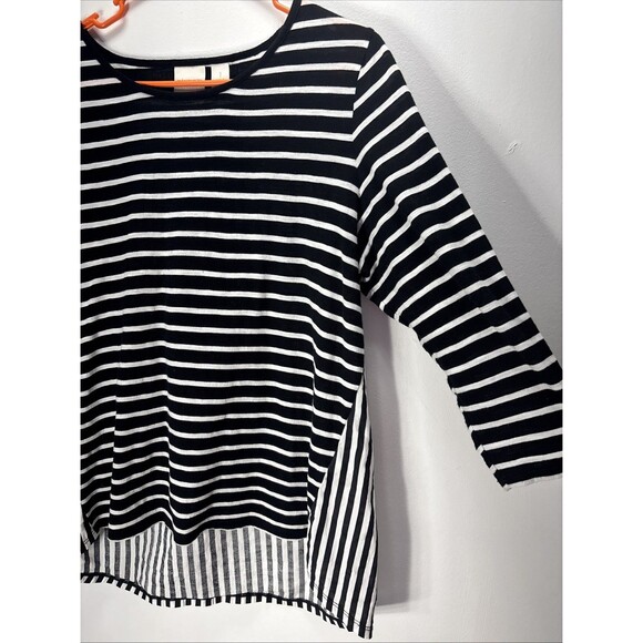 Chico's Pullover Top Blouse embroidery Black/White Stripe 100% Cotton 3/4 Sz 1 - Picture 2 of 11